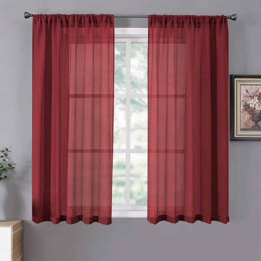 Tollpiz Sheer Curtains Linen Textured Bedroom Curtain Sheers Light Filtering Rod Pocket Voile Curtains for Living Room, 54 x 63 inches Long, Burgundy Red, Set of 2 Panels