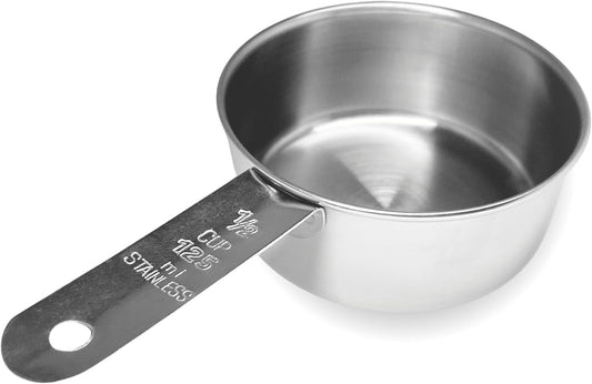 1/2 Cup Stainless Steel Measuring Cup | Sturdy Metal 125 ml | 125 cc | 4 oz | Single Cup for Wet and Dry Ingredients | Great for use as 1/2 Cup Dog Food Scoop - 1 PK