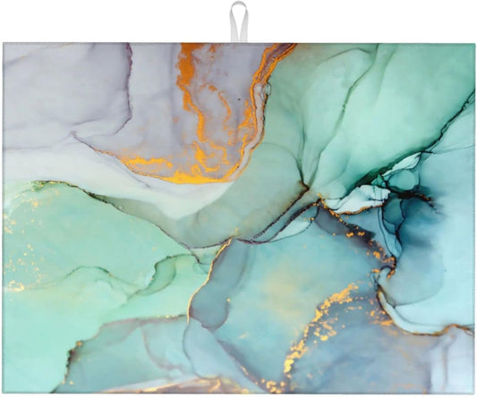 Teal Marble Golden Swirls Pattern Dish Drying Mats For Kitchen Counter Microfiber Absorbent dish Mat Xl Reversible Drying Mats For Countertop 18 Inch X 24 Inch