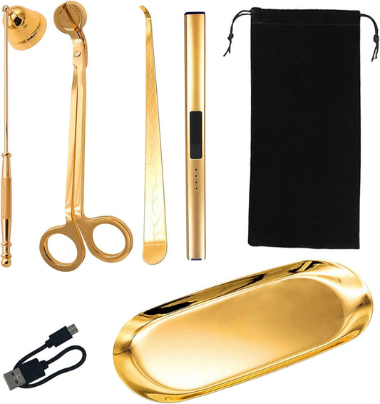 5Pcs Stainless Steel Candle Wick Trimmer Set, Candle Wick Trimmer, Candle Wick Dipper, Candle Wick Snuffer and Rechargeable Electric Candle Lighter for Candle Lovers(Gold)