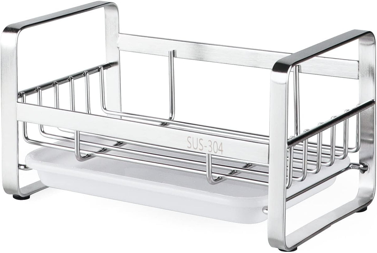 HULISEN Kitchen Sink Sponge Holder, 304 Stainless Steel Kitchen Soap Dispenser Caddy Organizer, Countertop Soap Dish Rack Drainer with Removable Drain Tray, not Including Dispenser and Brush