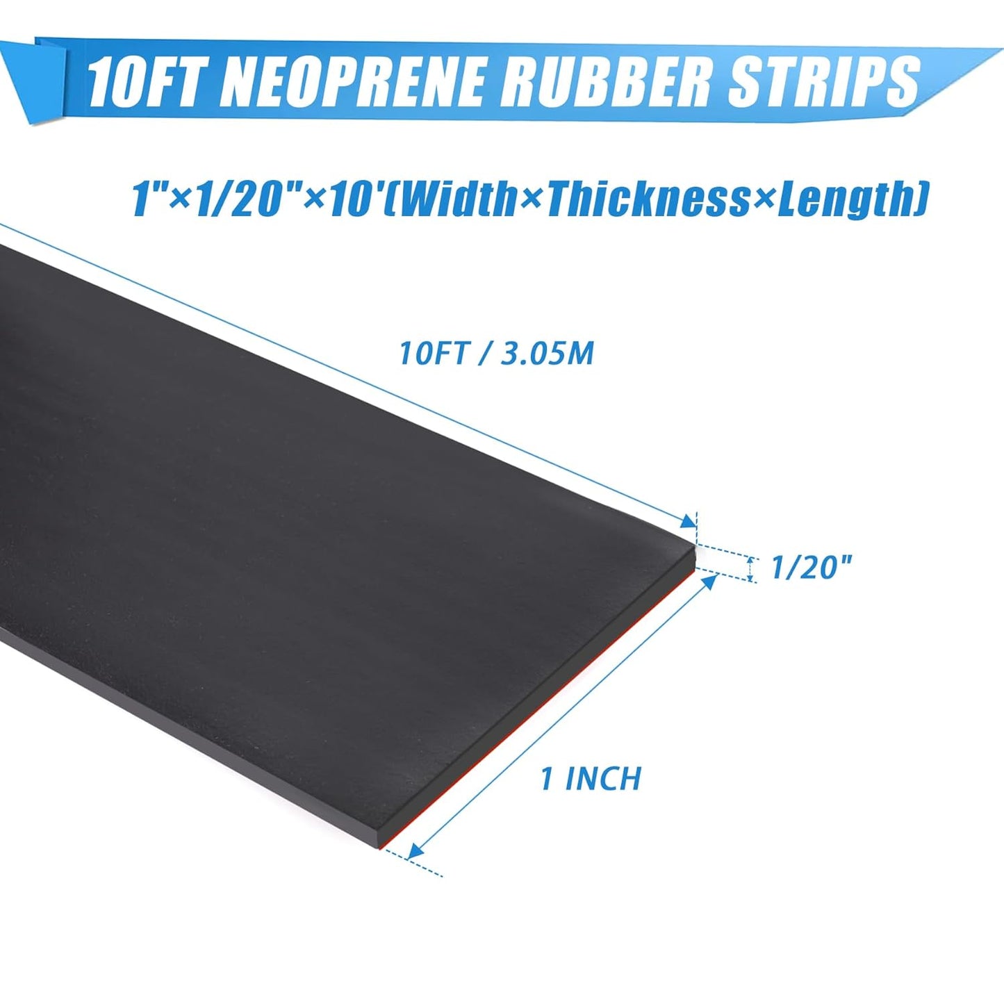 Neoprene Rubber Strips Self Adhesive Sheets, Rolls & Strips with Adhesive Backing Rubber Pads Self Stick Seal Gasket Tape for Matting Padding - 1" Wide x 1/20" Thick x 10' Long