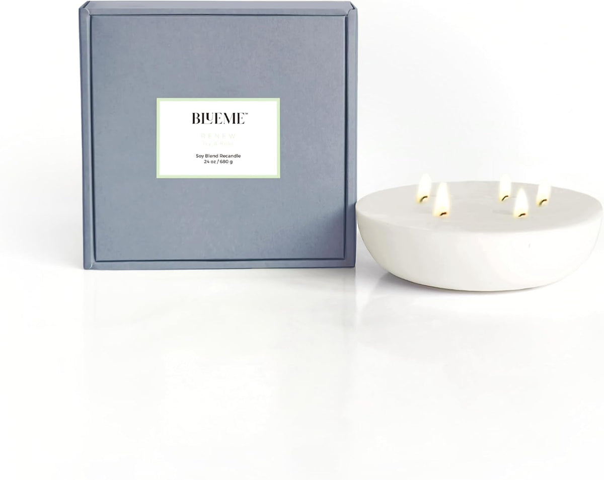 New BLUEME Wellness Candle Wax Refill, Contains Essential Oil, Sustainable, Hand Finished, Hand Poured, Premium, Luxury Ceramic, Natural Cotton Wick (24oz, Ivy & Rose)