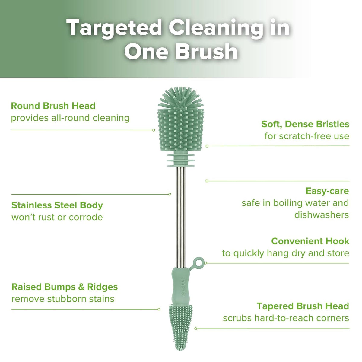 haakaa Cleaning Brush Silicone Bottle Brush Double-Ended Soft Silicone Bristles for Breast Pumps, Breast Milk Collectors, Baby Bottles, Teats, Breastmilk Storage Bags, Pea Green-1pk