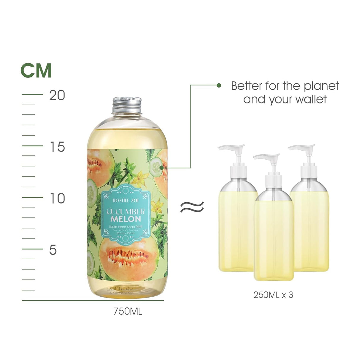 ROMIIE ZOI Liquid Hand Soap Refills Gift Set – Cucumber & Melon Scent – 3 x 26 Fl Oz Bottles – Plant-Based, Non-Toxic, Eco-Friendly & Moisturizing Formula – for Bathroom, Kitchen & Home Gifting