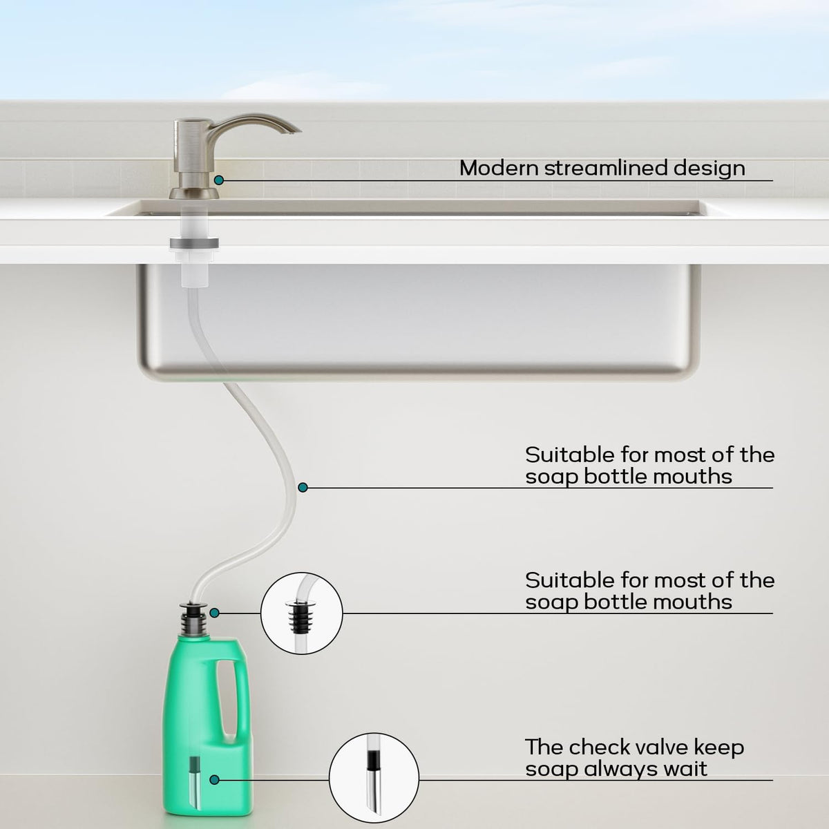 SAMODRA Built-in Kitchen Sink Soap Dispenser with Extension Tube Kit - Brushed Nickel Finish, Leak-Proof Design, No Top Refill Required (39" Tube)