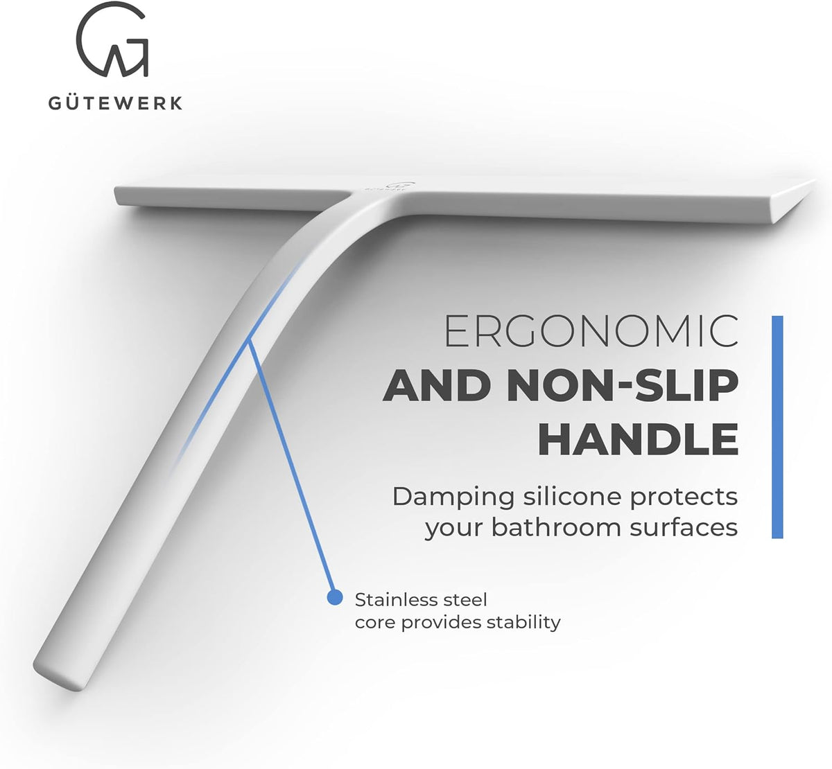 GÜTEWERK Shower Squeegee for Glass Doors, Silicone Window Squeegee, Bathroom and Glass Cleaning - White - 11 Inch