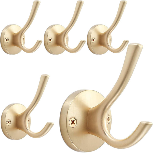 Gold Wall Hooks, 5 Pack Coat Robe Hook Heavy Duty Metal Double Bath Hook Wall Mounted, Hand Towel Hooks for Cubicle Bathroom Kitchen Closet Garage