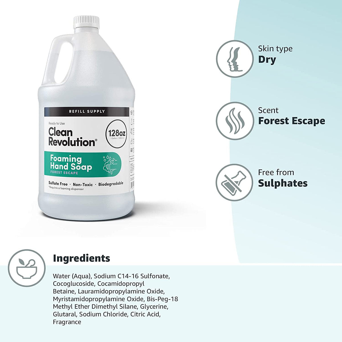 Clean Revolution Foaming Hand Soap Refill Supply Container, Ready to Use Formula, Forest Escape Fragrance, Gluten Free, 128 Fl. Oz