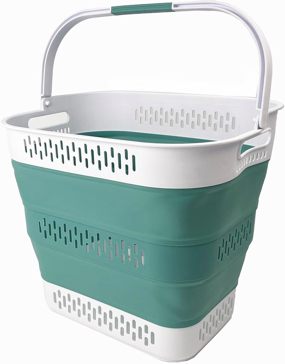SAMMART 40L (10.5 Gallon) Collapsible Plastic Laundry Basket with Handles - Foldable Pop Up Storage Container/Organizer - Portable Laundry Hamper - Space Saving (1, White/Celadon Green)