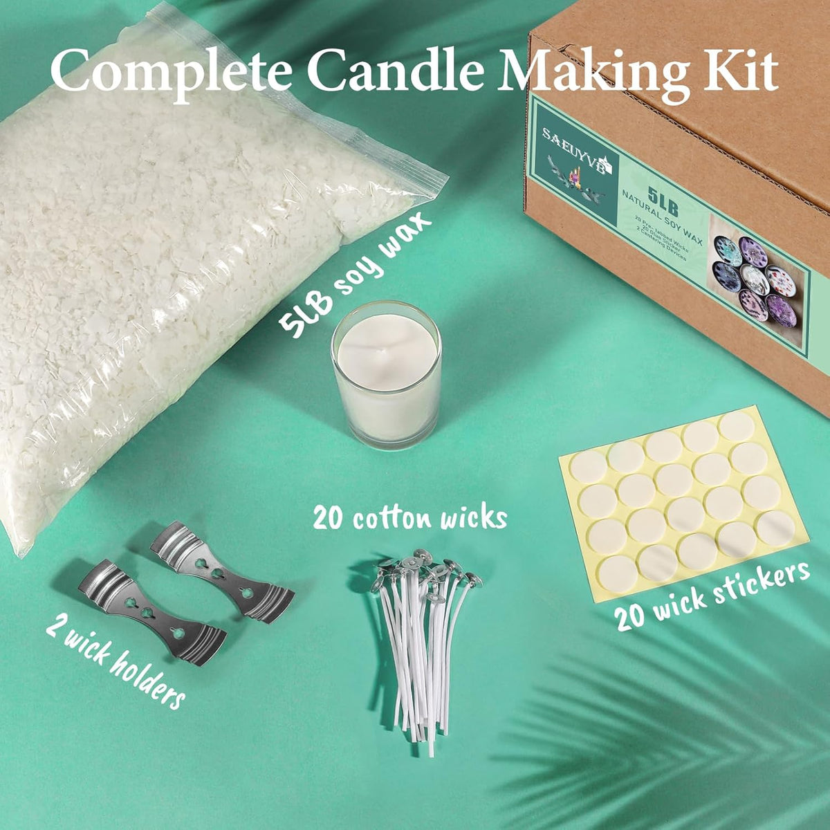 SAEUYVB Soy Candle Wax for Candle Making - Natural Soy Wax Flakes 5 lbs Bag, 20 Cotton Candle Wicks, 20 Wick Stickers & 2 Centering Devices