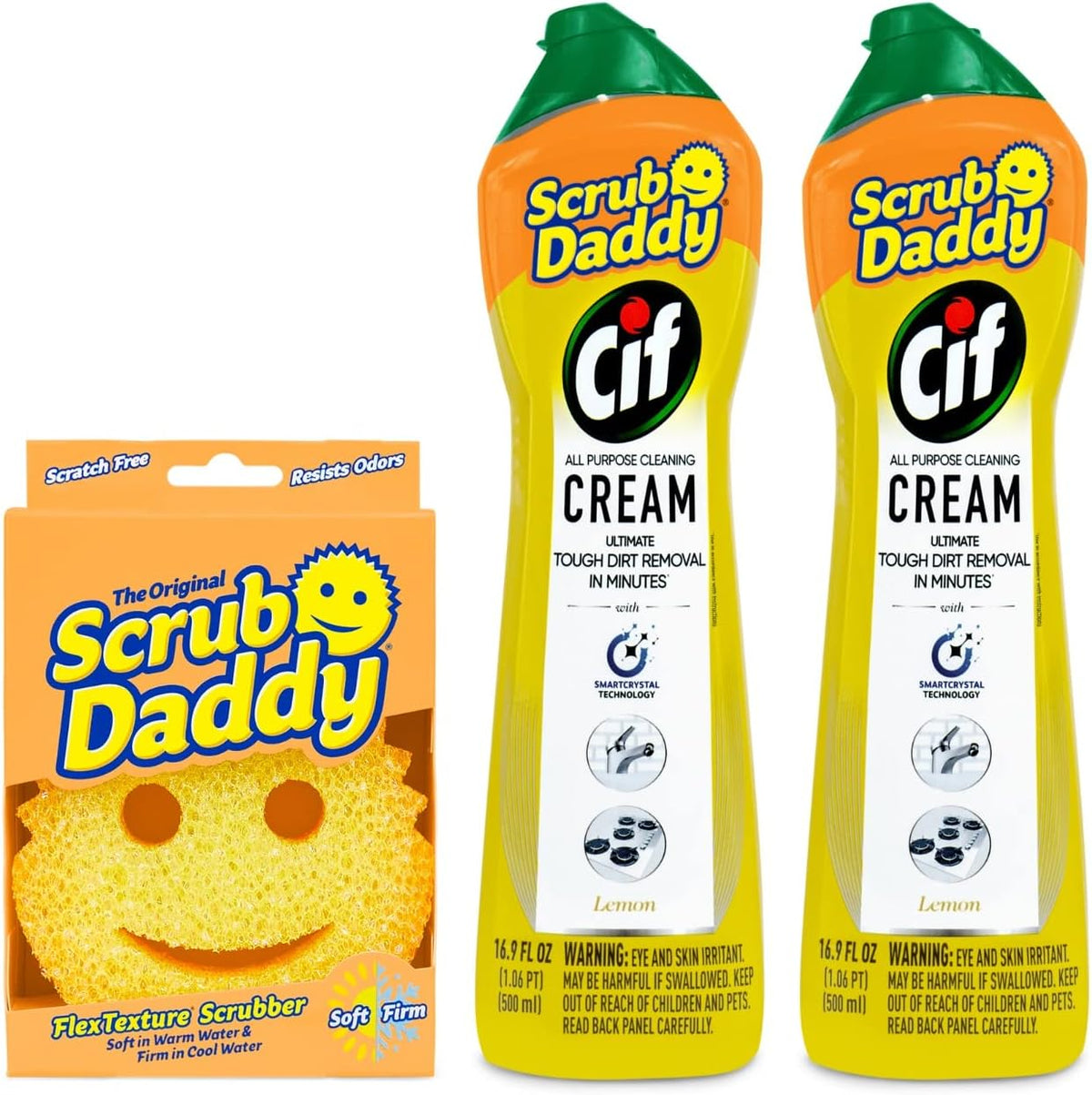 Scrub Daddy + 2x Cif All Purpose Cleaning Cream, Lemon - Multi Surface Household Cleaning Cream Scratch-Free Multipurpose Dish Sponge
