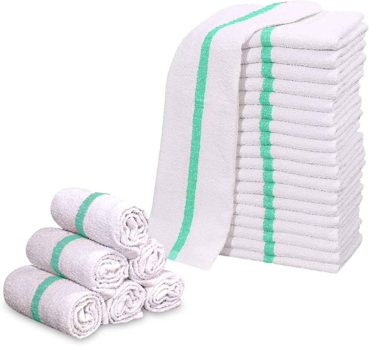 GOLD TEXTILES New Cotton Blend White Restaurant Bar Mops Kitchen Towels (60, Green Stripe)