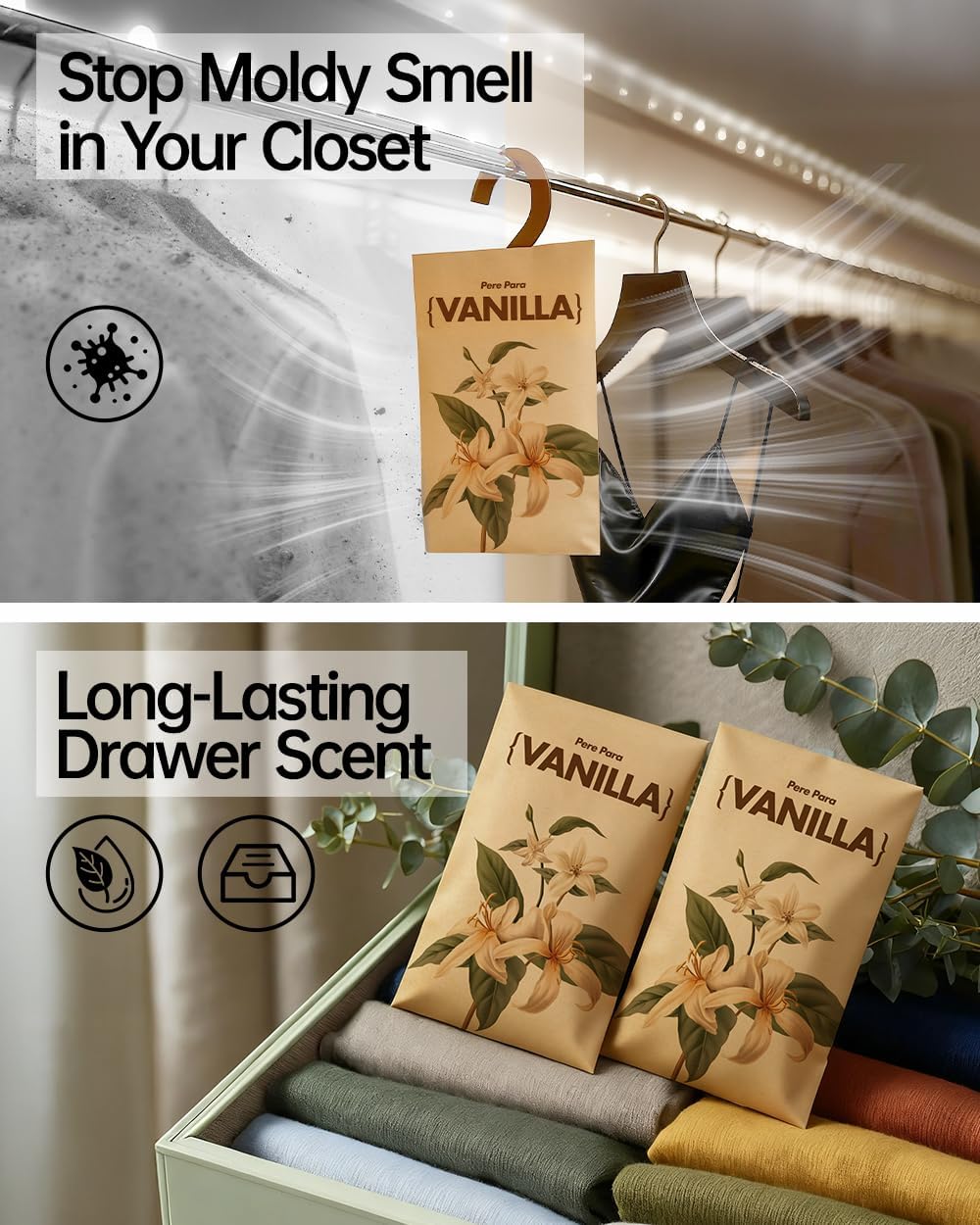 12 Packs Vanilla Walk in Closet Scent sachets, 【Deodorizer for Musty Odors】 Hanging Paper air fresheners for Clothes Long Lasting, Drawers and Closets