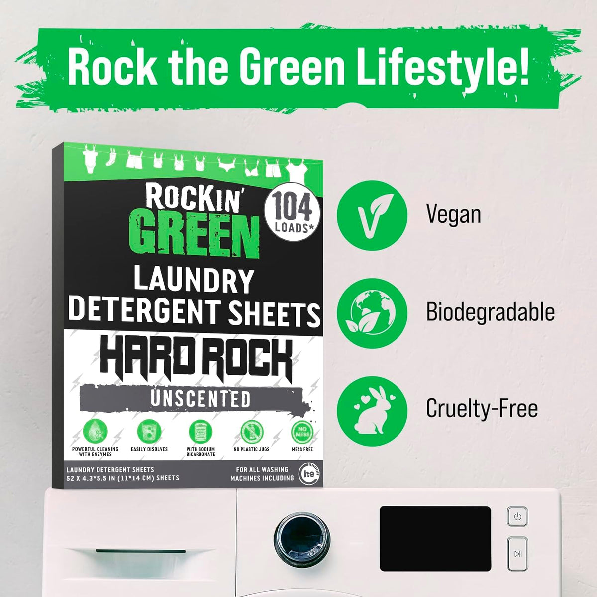 Rockin' Green Hard Rock Travel Laundry Detergent Sheets for Hard Water - Mess-Free Laundry Sheet Detergent with Sodium Bicarbonate - Easily Dissolvable Laundry Soap Sheets (104 Loads, Unscented)
