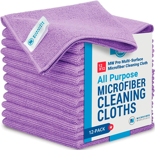 12" x 12" Pro Multi-Surface Microfiber Cleaning Cloths | Purple - 12 Pack | Premium Microfiber Towels for Cleaning Glass, Kitchens, Bathrooms, Automotive, Supplies & Products