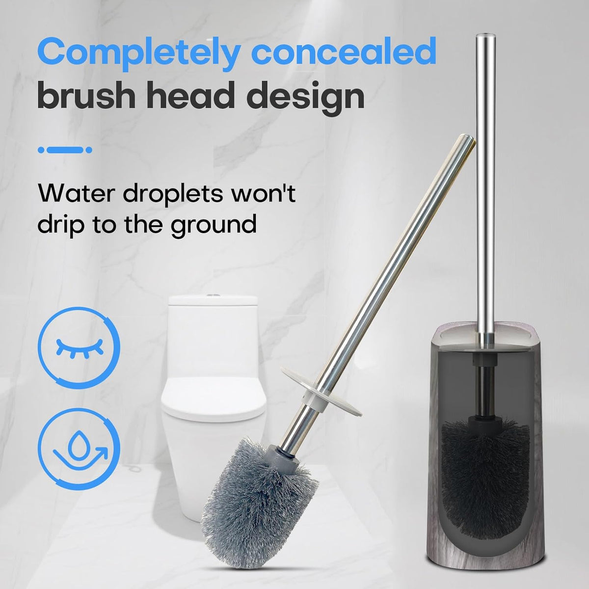 Marble Colored Toilet Brush and Holder Set,Stainless Steel Long Handle and Marble Colored Base for Bathroom Deep Cleaning，Space Saving for Storage，Drip-Proof，Black