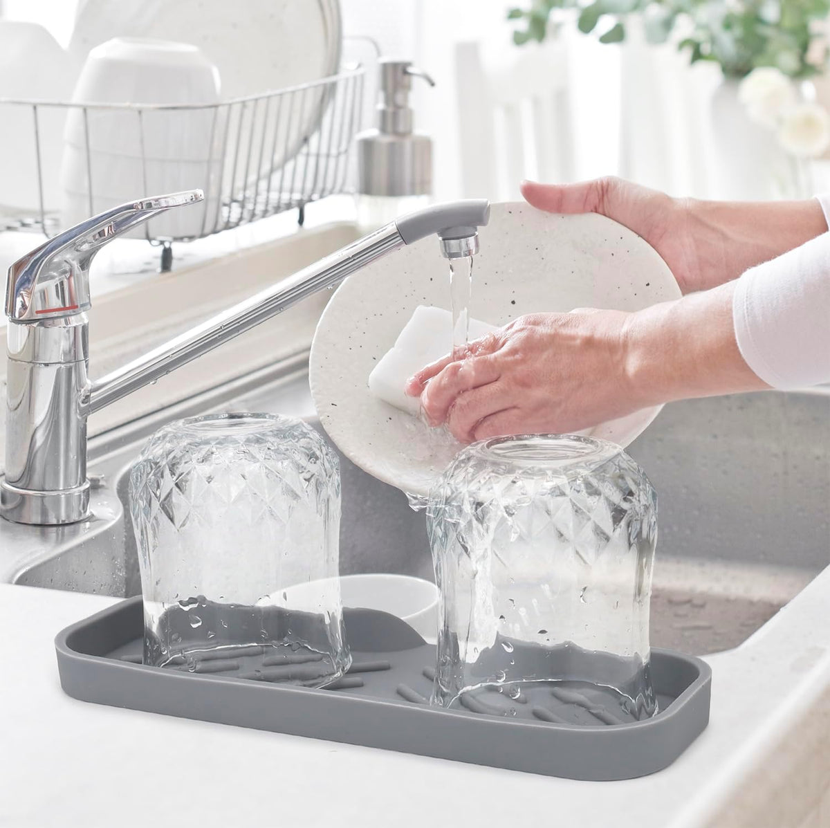 Silicone Bathroom Soap Dishes, Sponge Holder for Kitchen Sink, Shower Soap Holder with Drain, Soap Dispenser Tray, Soap Dish for Bottle, Cup, Sink or Counter Organizer - Gray 9" x 3.15"