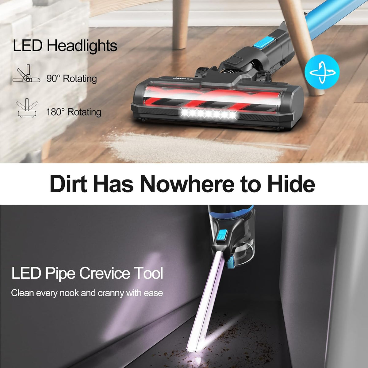 DEVOAC S11 Cordless Vacuum Cleaner, 50Kpa 50 Mins Vacuum Cleaners for Home,8 in 1 Lightweight Stick Vacuum with Self-Standing, Powerful Rechargeable Vacuum for Carpets, Pet Hair, Hardwood Floors