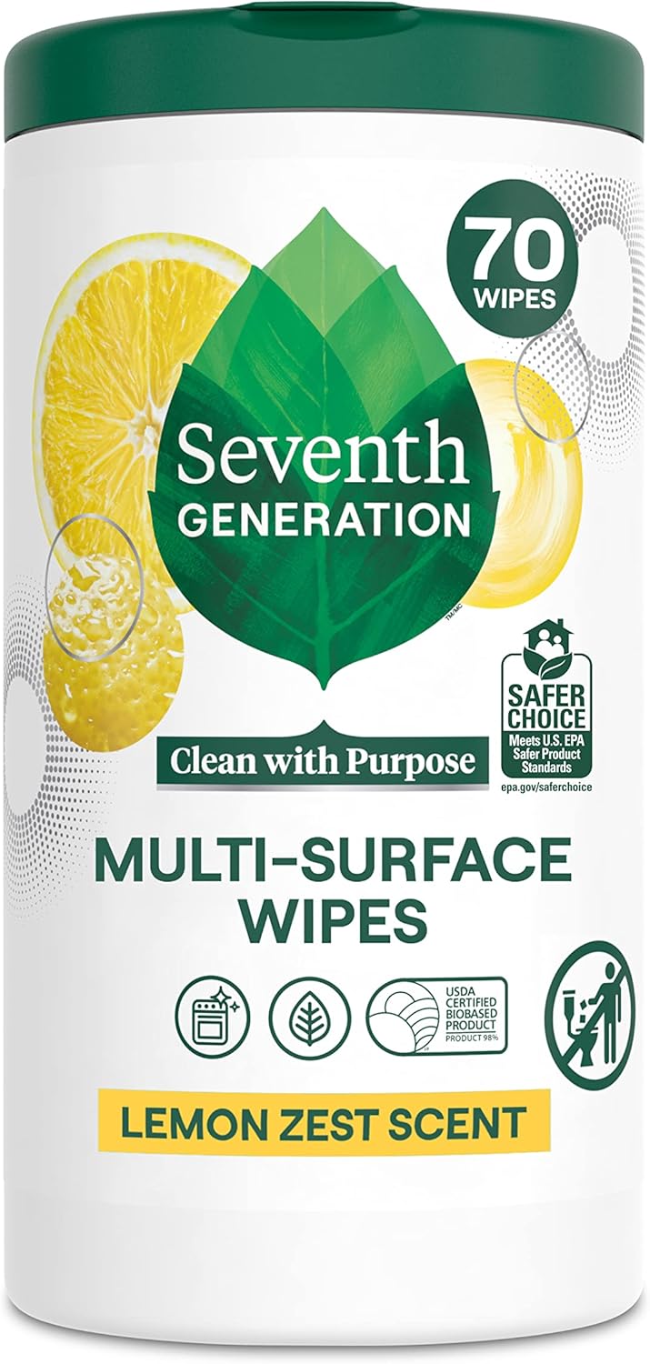 Seventh Generation Multi-Surface Cleaning Wipes, Lemon Zest Scent, Cuts Grease & Grime, 70 Wipes