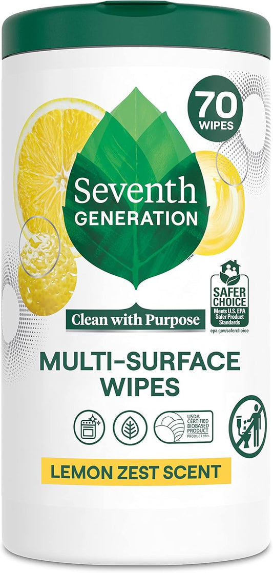 Seventh Generation Multi-Surface Cleaning Wipes, Lemon Zest Scent, Cuts Grease & Grime, 70 Wipes