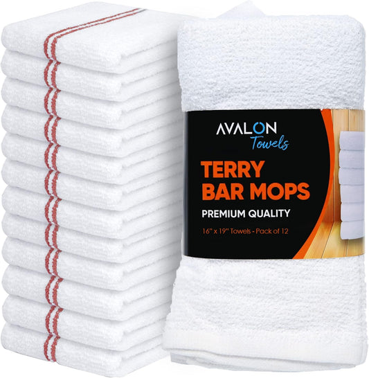 Avalon Towels Terry Bar Mop Towels (Value Pack of 12) Size 16"x19" – Absorbent and Durable, Multipurpose Cleaning Rags, Cotton Cleaning Cloths, Terry Cloth Rags, Reusable Shop Rag
