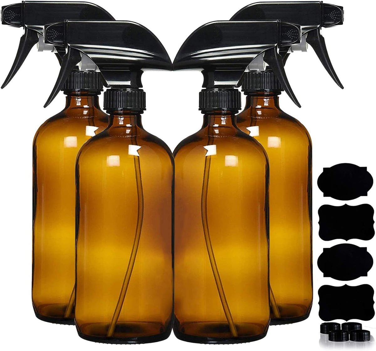 Amber Glass Spray Bottles For Cleaning Solutions (4 Pack) - 16 Ounce, Refillable Sprayer for Essential Oil, Water, Kitchen, Hair. Durable Black Trigger Sprayer w/Mist and Stream Settings