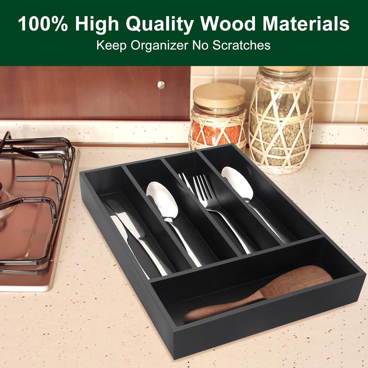 Ayiaren Small Kitchen Silverware Organizer Wooden Utensil Drawer Organizers Narrow Flatware Tray Wood Flatware Organizer for Drawer Spoon Organizer Black Utensil Holder Drawers Bamboo Silverware Tray
