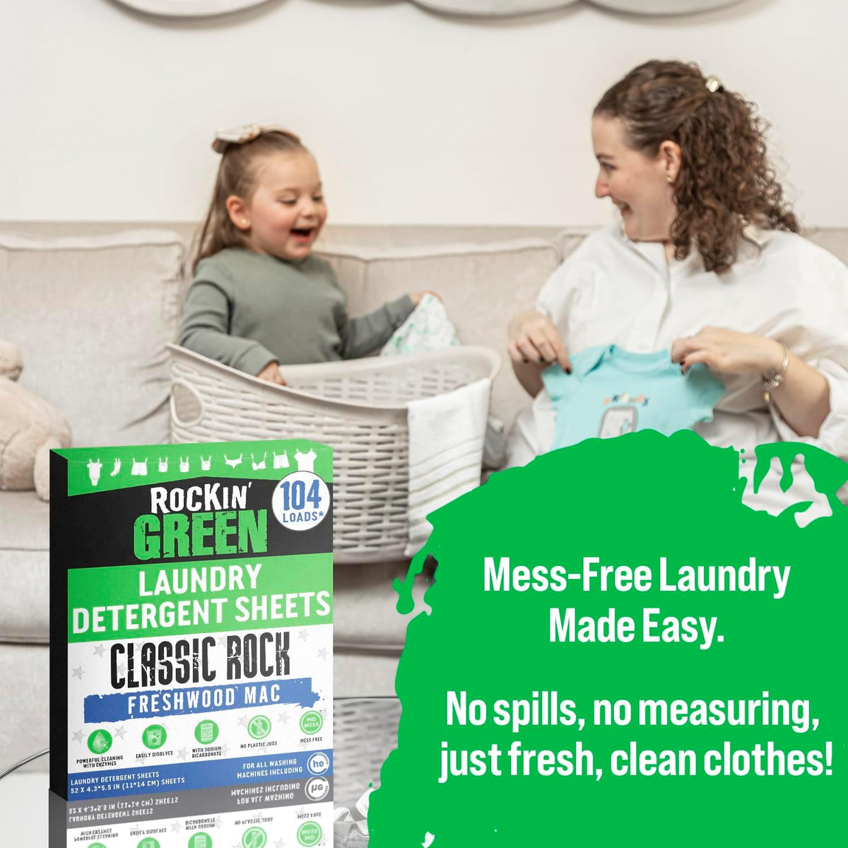 Rockin' Green Travel Laundry Detergent Sheets - Mess-Free Laundry Sheets Detergent Powerful Cleaning with Sodium Bicarbonate - Easily Dissolvable Laundry Soap Sheet (104 Loads, Freshwood Mac)