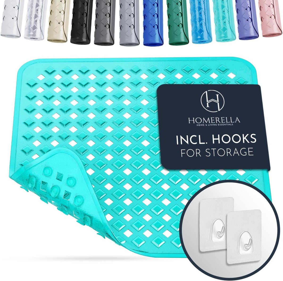 Homerella Anti Slip Shower Mat | Anti Mold Non Slip Bathtub Mat for Inside Shower | Square Floor Shower Mat 21 x 21 inch with Suction Cups for Grip & Hooks Hanging and Quick Drying | Machine Washable