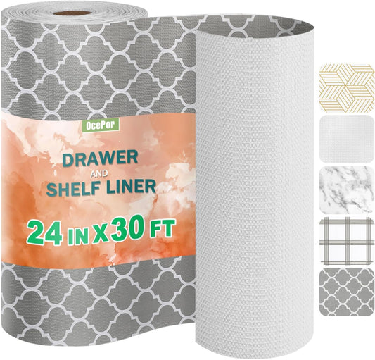 OcePor Non-Adhesive Drawer and Shelf Liner 24IN x 30FT，Non Slip Cabinet and Cupboard Liner, Kitchen Cabinet Liners for Shelves, Waterproof Drawer Shelf Liners for Cabinets/Bathroom Cupboard