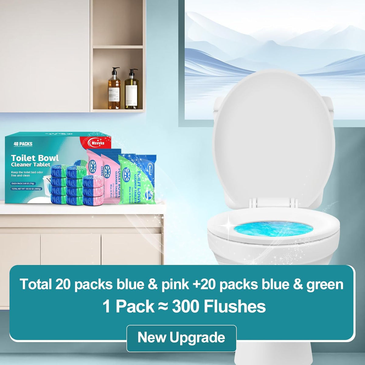Toilet Bowl Cleaner Tablets 40 Packs, Two Colors Toilet Bowl Cleaners with Sustained-Release Technology, Keep Bathroom Toilet Stain Free and Prevent Limescale Buildup, 106oz
