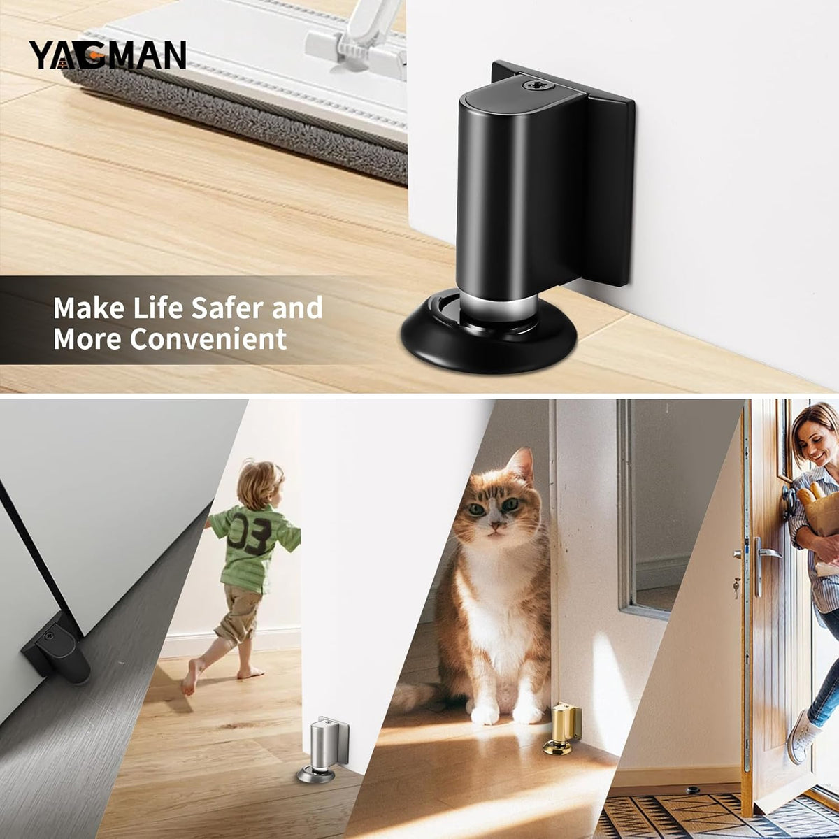 1 Pack Magnetic Door Stoppers Retractable Bottom of Door Holder No Drilling Mount Floor Door Stop with Screws and Adhesive Catch Door Keep Door Open Matte Black MB-1