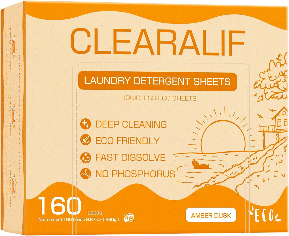 Laundry Detergent Sheets Up to 160 Loads, Amber Dusk - Great For Travel,Apartments, Dorms,CLEARALIF Laundry Detergent Strips Eco Friendly & Hypoallergenic - 80 Sheets