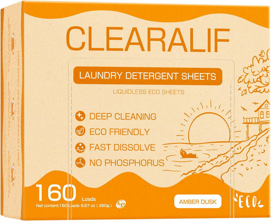 Laundry Detergent Sheets Up to 160 Loads, Amber Dusk - Great For Travel,Apartments, Dorms,CLEARALIF Laundry Detergent Strips Eco Friendly & Hypoallergenic - 80 Sheets