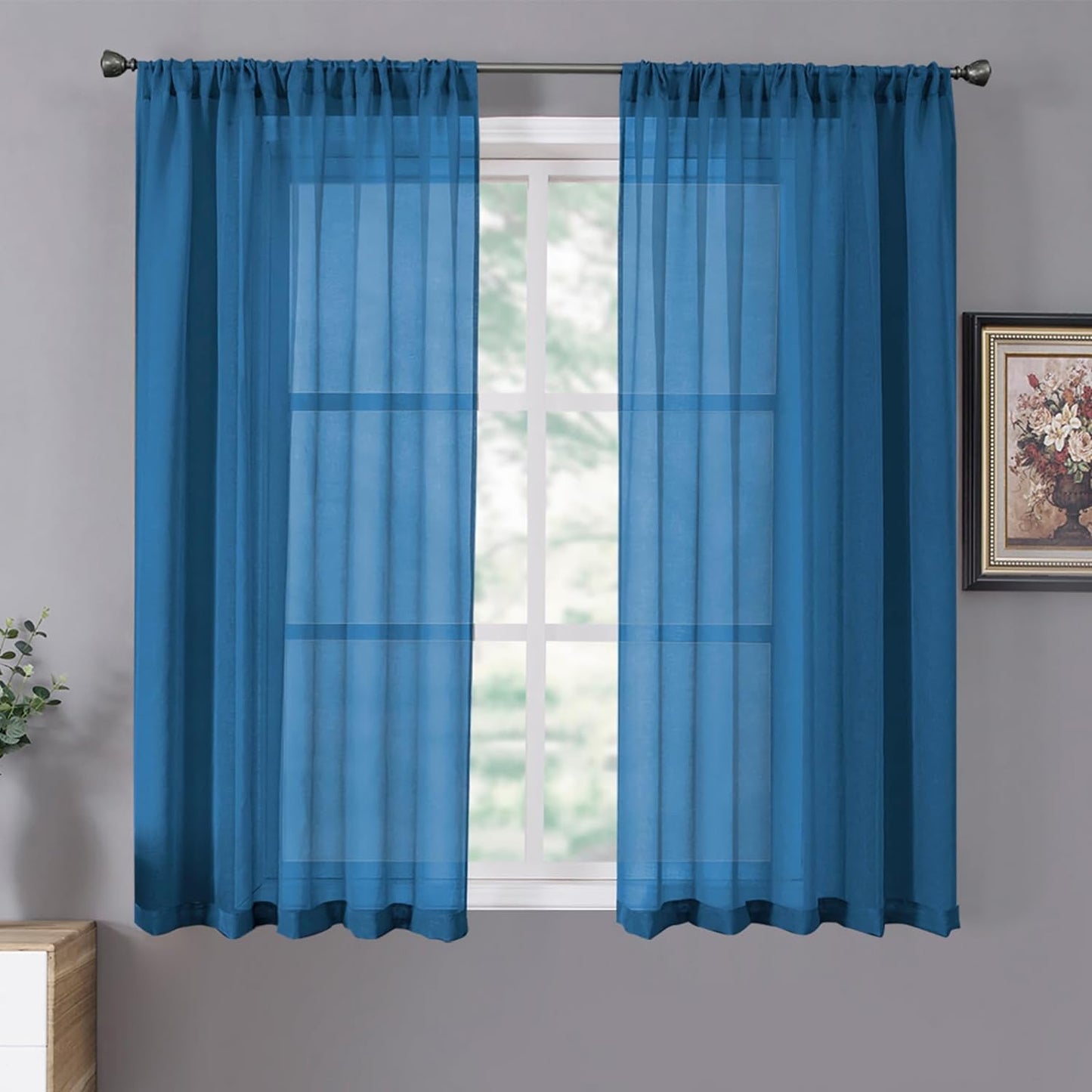 Tollpiz Short Sheer Curtain Linen Textured Bedroom Curtains Sheer Light Filtering Rod Pocket Voile Curtain for Living Room, 54 x 54 inches Long, Classic Blue, Set of 2 Panels