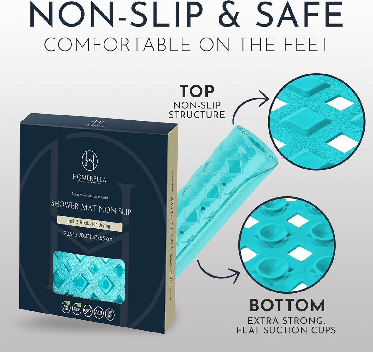 Homerella Anti Slip Shower Mat | Anti Mold Non Slip Bathtub Mat for Inside Shower | Square Floor Shower Mat 21 x 21 inch with Suction Cups for Grip & Hooks Hanging and Quick Drying | Machine Washable
