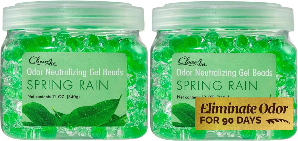Clear Air Odor Eliminator Gel Beads - 12 oz, Pack of 2 - Air Freshener Made with Essential Oils - Eliminates Odors in Bathrooms, Cars, Boats, RVs & Pet Areas - Spring Rain Scent