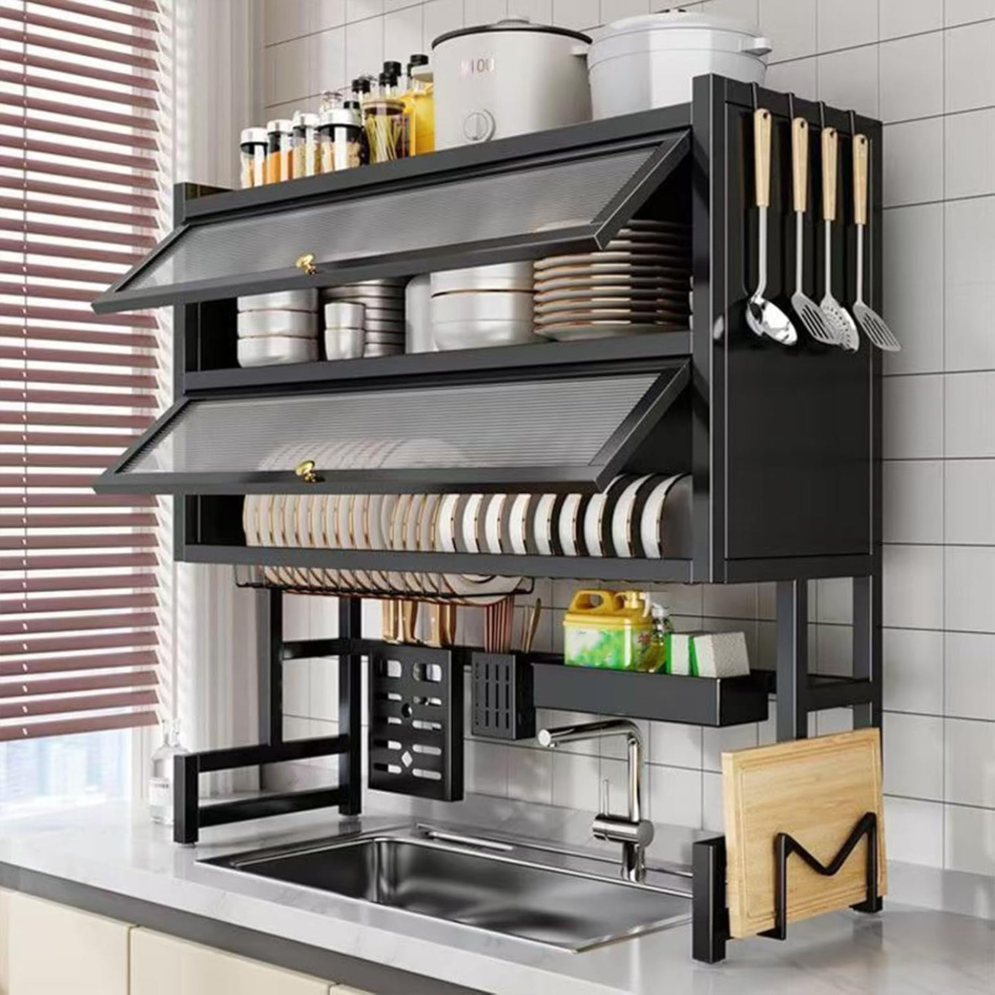 Dish Drying Rack 4 Tiers with Cover, Keep Kitchen Sink Shlef Organized Space-Saving Dish Drying Rack, for Dishes, Glasses, Bowls, Cutlery (black, W-29.5)