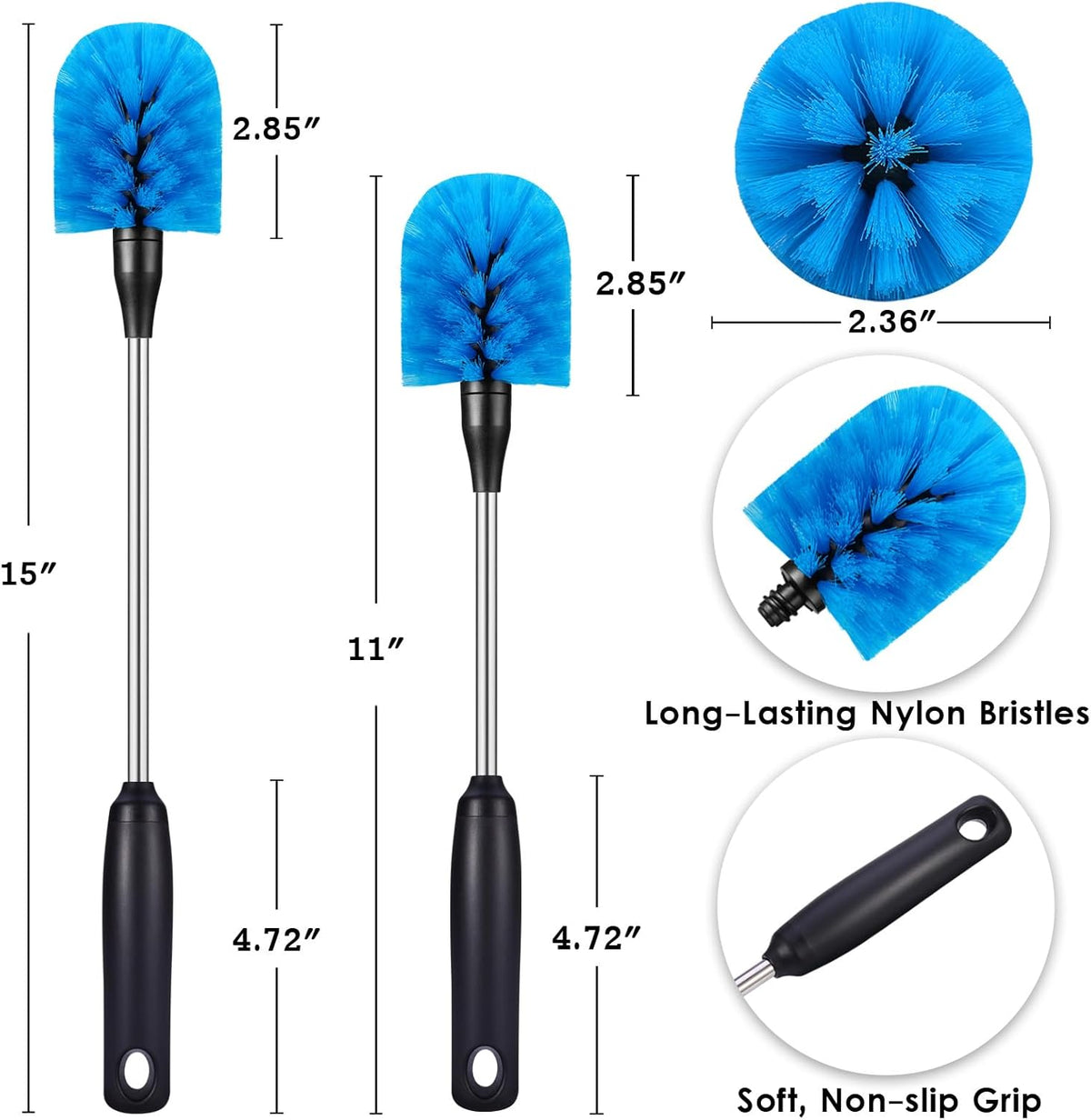 Stainless Steel Bottle Brush with Replaceable Head, Long Handle Scrub Brush for Water Bottles, Glasswares, Mugs, Flasks, Tumblers, Vases, and Kitchen Sink, 2 Pack, 15 in