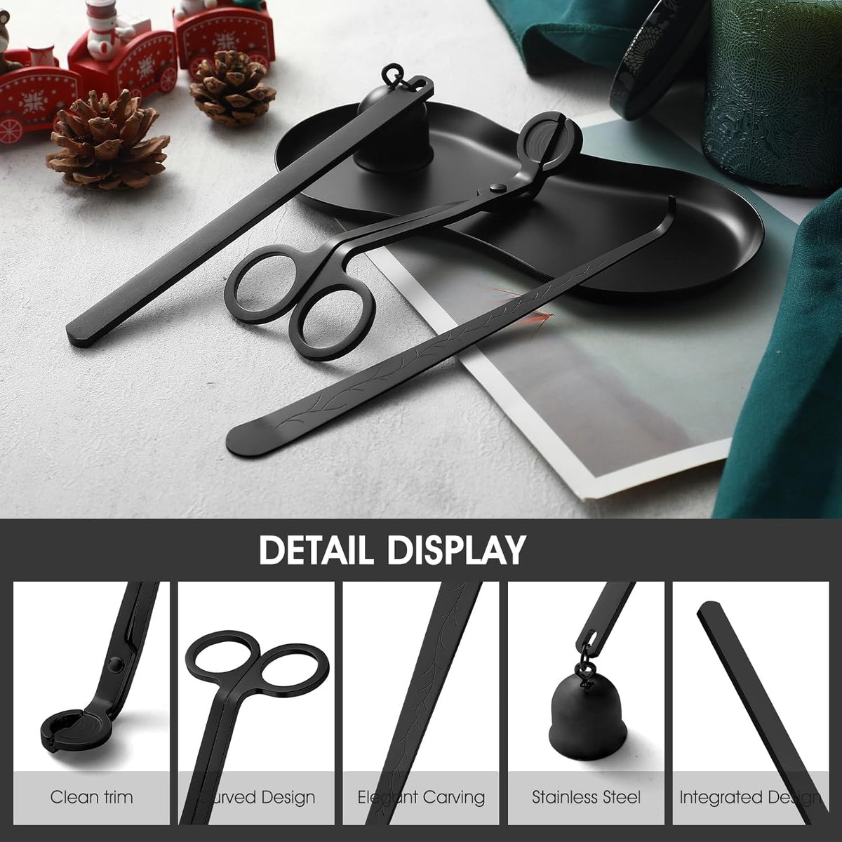 PATOISE 3 in 1 Candle Accessory Set, Candle Wick Trimmer Cutter, Candle Snuffer Mini, Candle Wick Dipper in Gift Package for Candle Aromatherapy Lovers(3PCS Black)