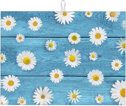 Daisies On Vintage Blue Wood Dish Drying Mats For Kitchen Counter Microfiber Absorbent dish Mat Xl Reversible Drying Mats For Countertop 18 Inch X 24 Inch