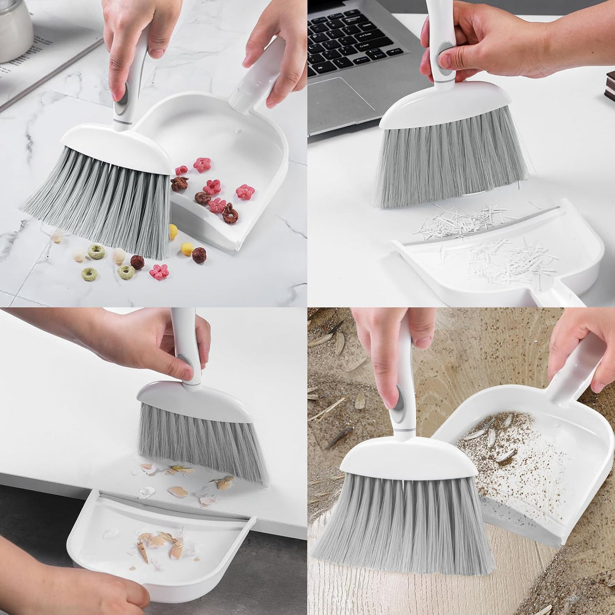 NACENA Small Dust Pan and Brush Set, Mini Broom and Dustpan Set Small Hand Broom and Brush Combo Dust Pan with Teeth for Home Cleaning Drawers Desktop Sofas Pet Care and Outdoor, White & Gray