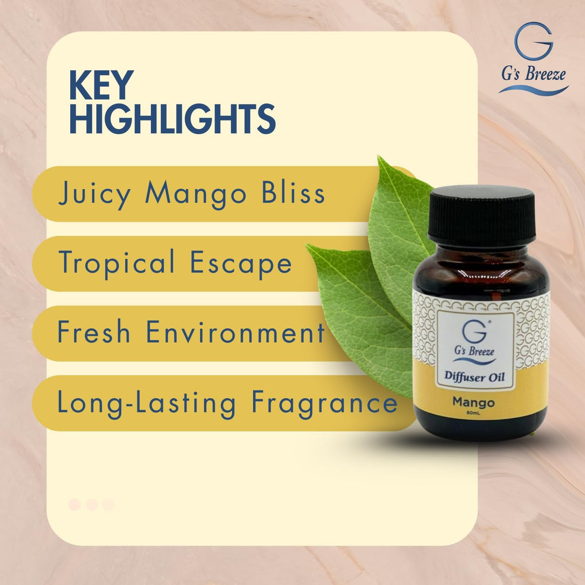 G's Breeze Mango Diffuser Oil Refill - Fruity Essence Aroma for Home or Office - Long-Lasting Tropical Scent of Ripe Mangoes for a Refreshing, Energizing Atmosphere - 60ML
