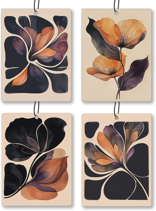 Boho Abstract Floral Car Air Freshener 4 Pcs, Retro Orange and Black Flower Hanging Scents Air Freshener for Women Girls Gifts, Vintage Scented Car Accessories Decor for Room Closet Drawer