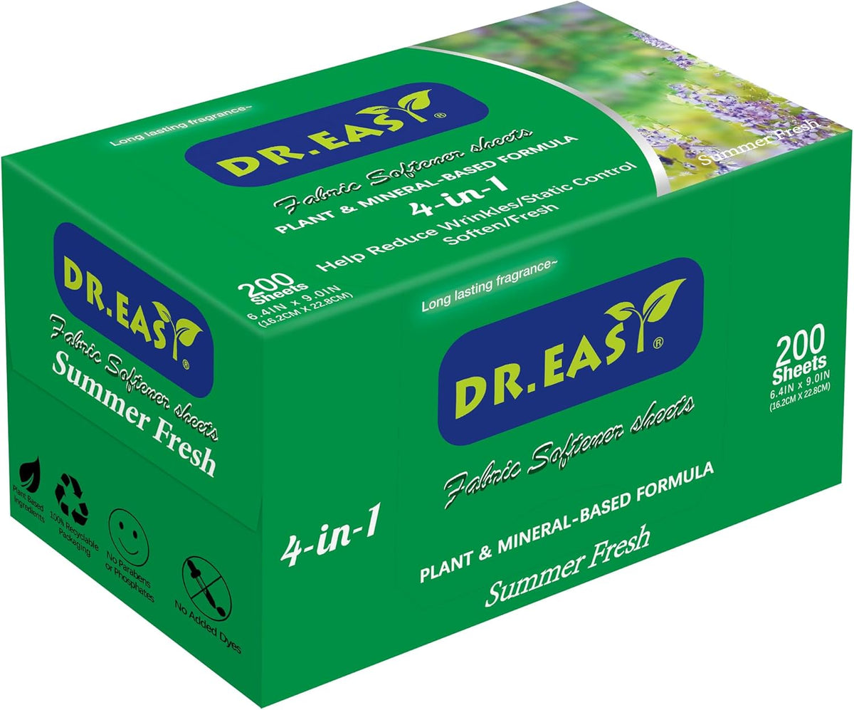 DR.EASY SUMMER FRESH Dryer Sheets Plant Based Formula 200 Ct Fabric Softener sheets for Laundry Essential Oil Scented No Artificial Fragrances No Dyes Reduce Static & Wrinkles Help Repel Pet Hair