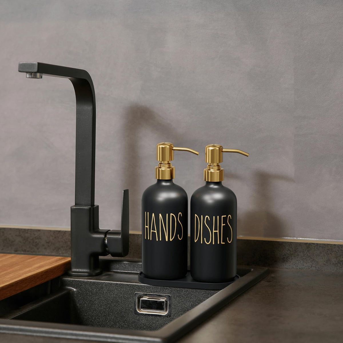 MOMEEMO Kitchen Soap Dispenser Set, Contains Hand and Dish Soap Dispenser, Suitable for Black and Gold Kitchen Decor. (Black & Gold)