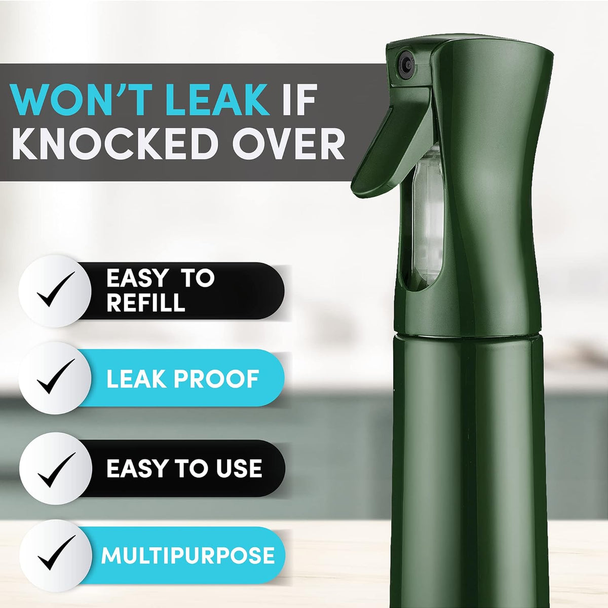 Hula Home Continuous Spray Bottle for Hair (10.1oz/300ml) Empty Ultra Fine Plastic Water Mist Sprayer – For Hairstyling, Cleaning, Salons, Plants, Essential Oil Scents & More - Green
