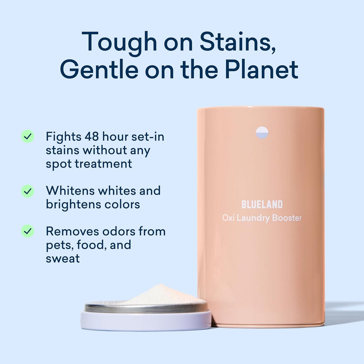 BLUELAND Oxi Laundry Booster Powder with Tin, Starter Set, Clear Skies Scent, 25 Loads, 17.6 oz, Plastic-Free, Eco Friendly, Oxy Cleaner, Stain Remover