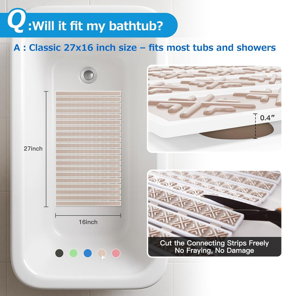 Matace Non Slip Rubber Bathtub & Shower Mat with Suction Cups, Thick Textured Surface, Fast Drain and Upright Drying Design, No Pooling Water for Better Hygiene, 27 x 16 Inch, Beige
